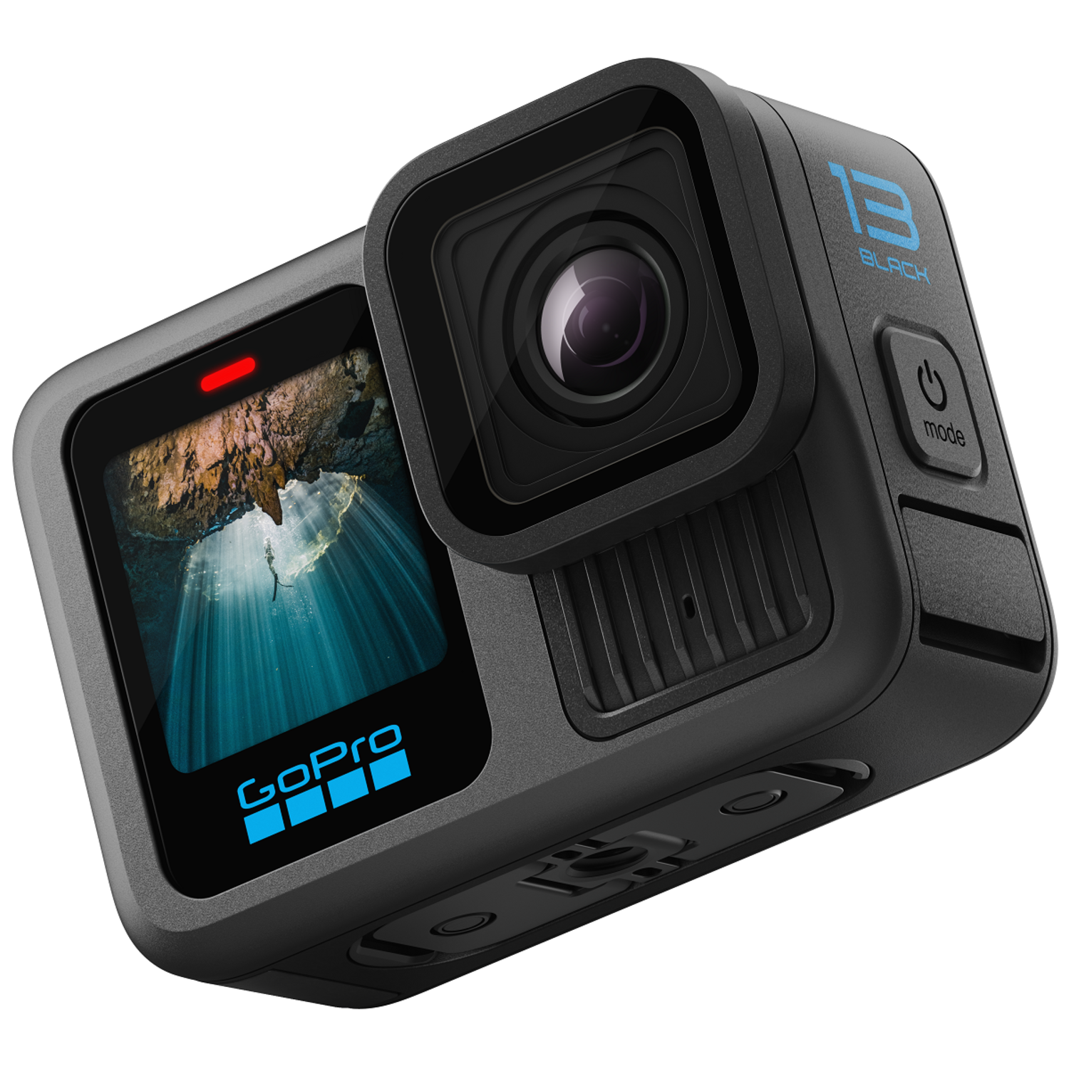 Zwarte GoPro actiecamera. Heeft lens, display en knoppen. Het scherm toont een grot.