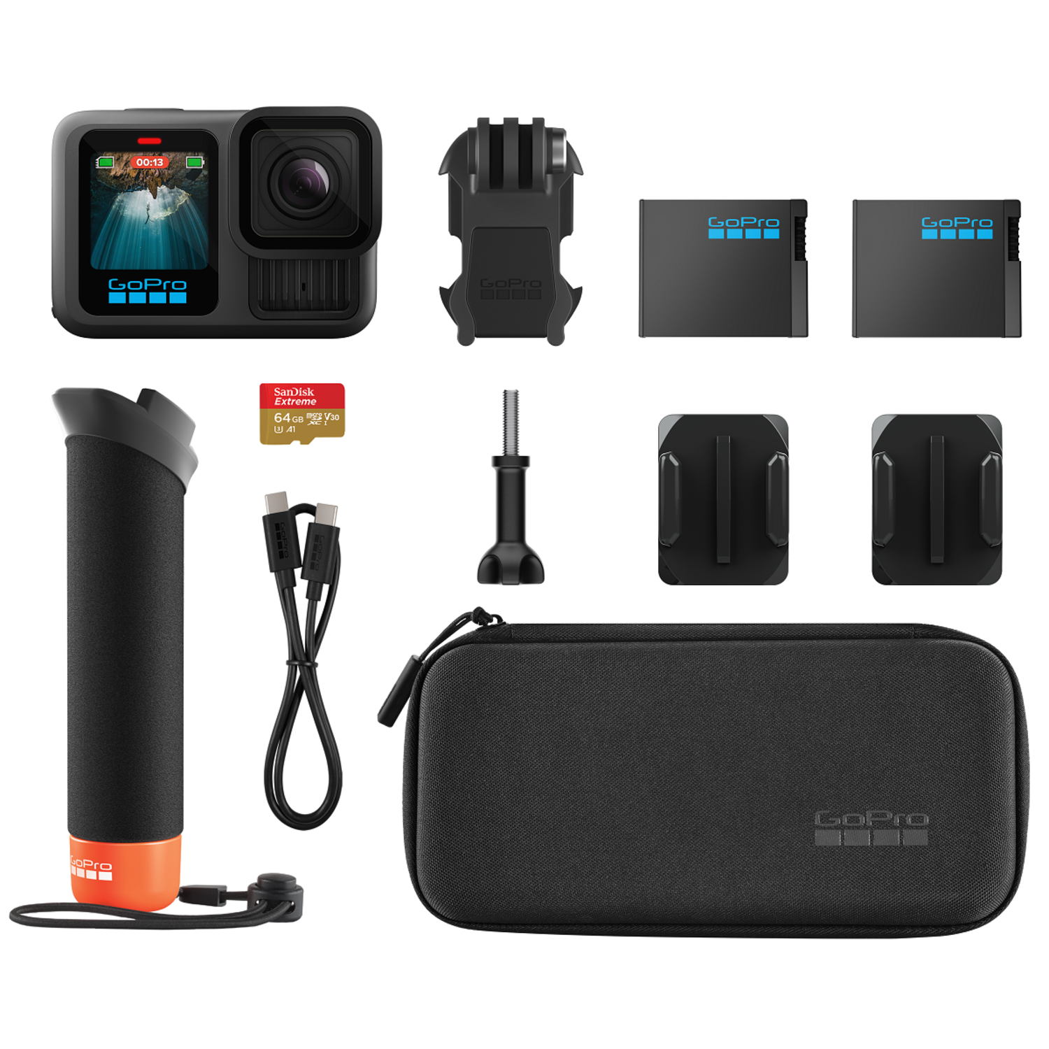 GoPro camerakit met accessoires: batterijen, mounts, case, handvat, kabels en geheugenkaart.