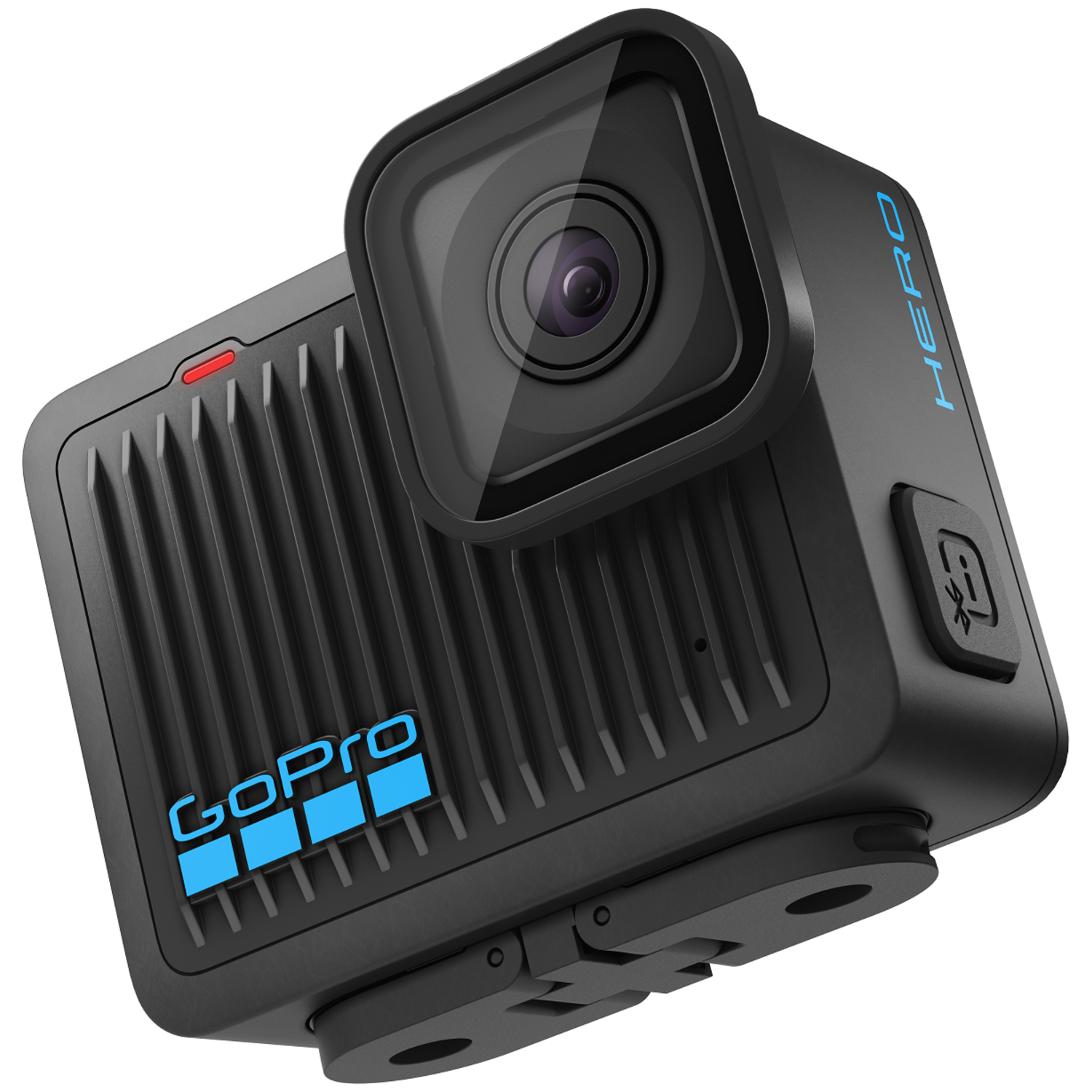 A black GoPro Hero camera with blue GoPro logo and a lens. The camera is on a white background.