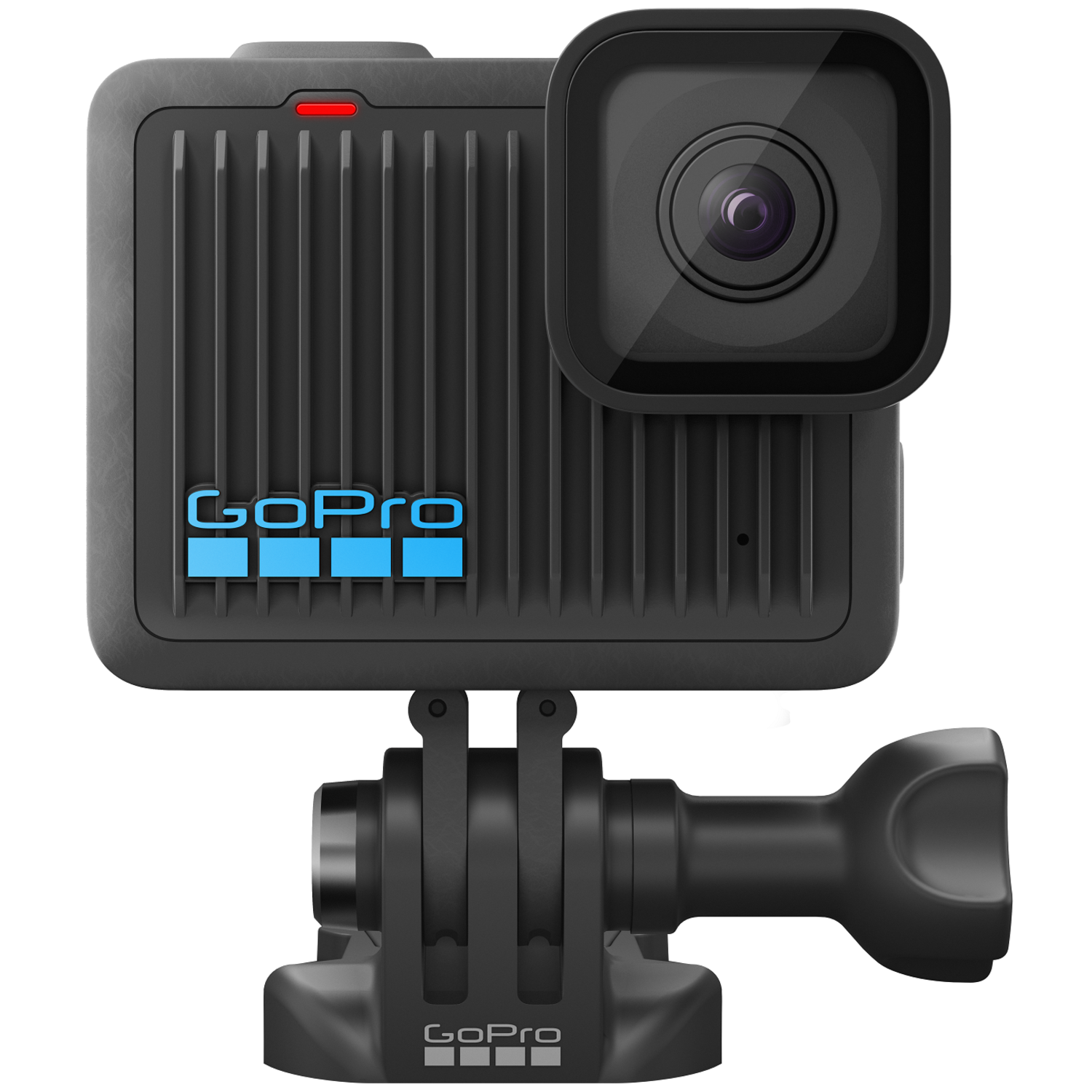 Black GoPro action camera. Square lens. Mounting bracket attached. GoPro logo in blue. Red light on top.