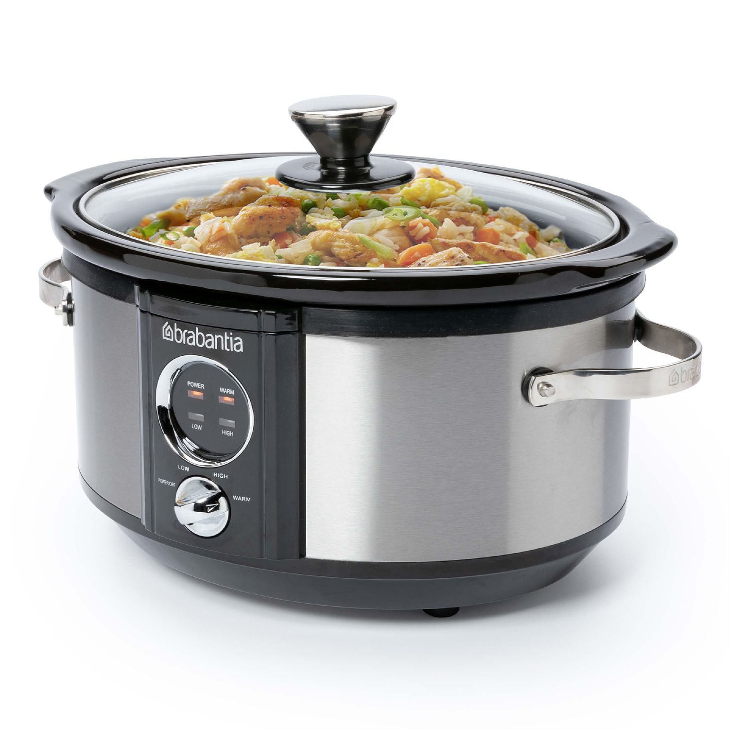 A black and silver slow cooker with food inside, on a white background.