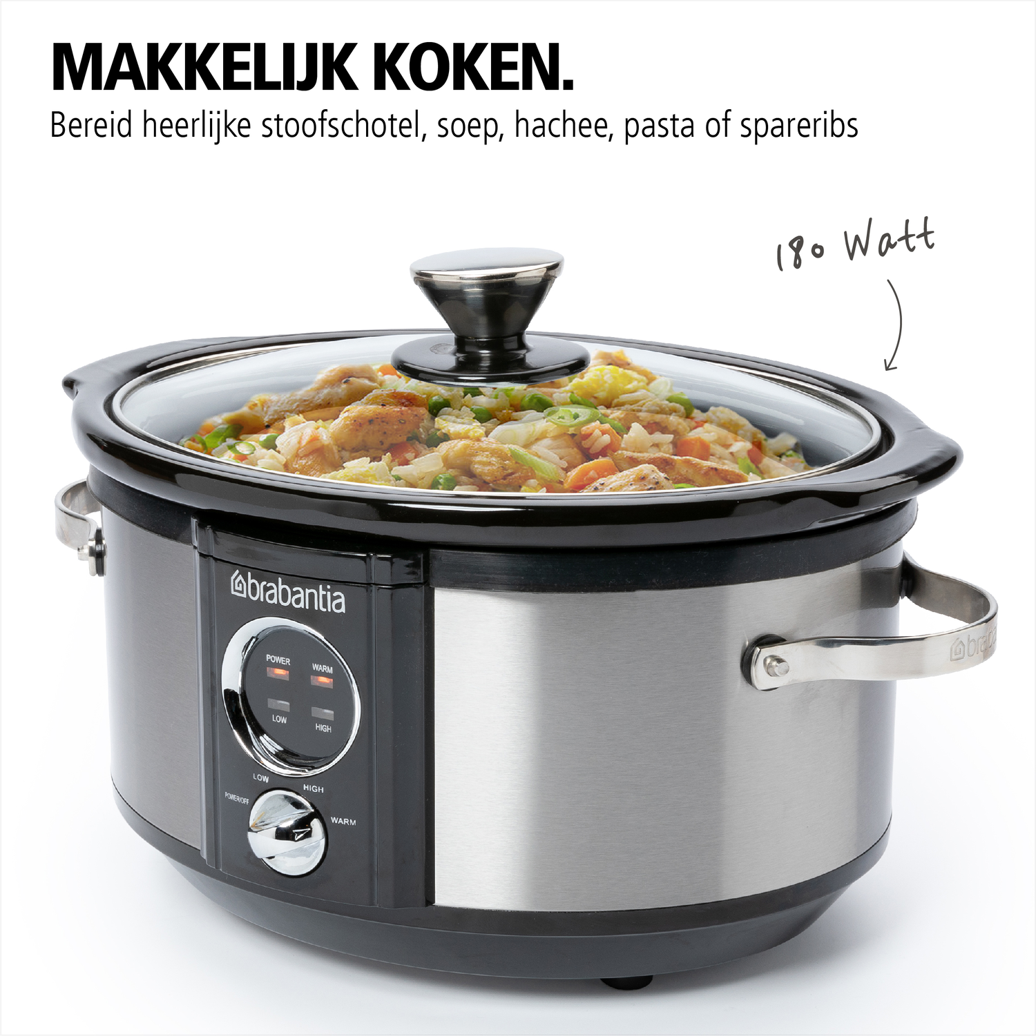 A silver slow cooker with a glass lid, handle, and control panel, with the text '180 Watt' written.