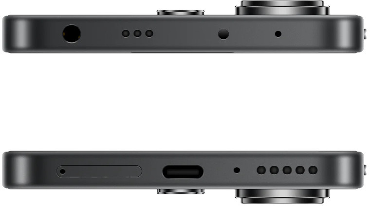 Widok z góry i z dołu czarnego telefonu, pokazujący porty i otwory głośników.