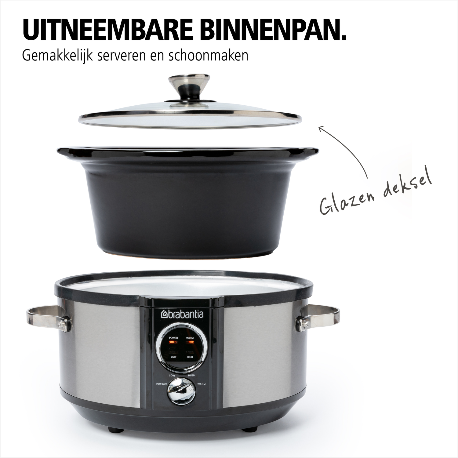 Black slow cooker with lid, detached. Silver base with control panel. Text: removable inner pan.