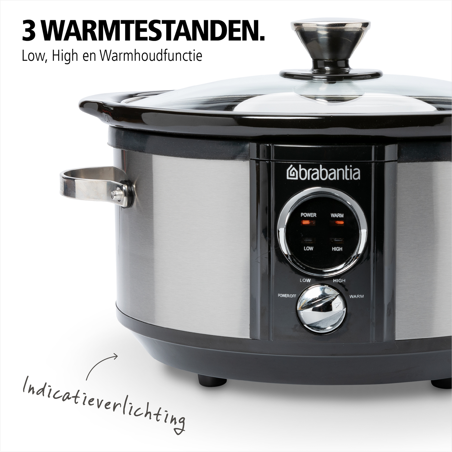 A silver and black slow cooker with a glass lid, and control panel showing power and heat settings.