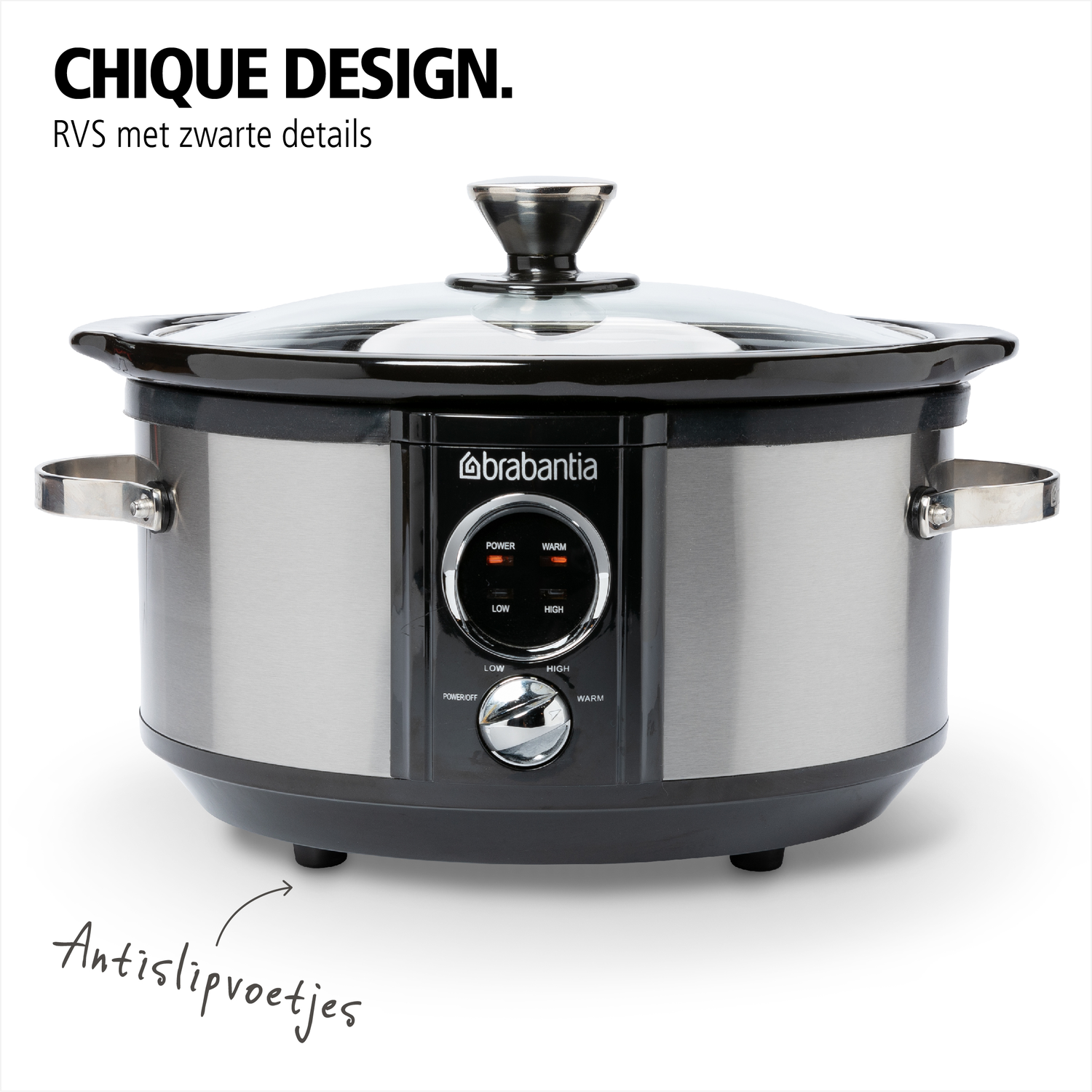 A stainless steel slow cooker with a glass lid, black accents, and a control panel.