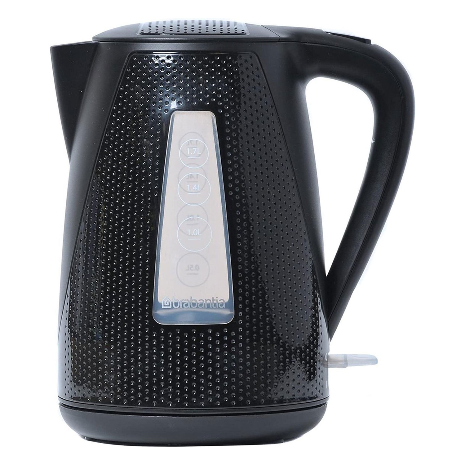 Black electric kettle with a handle and water level indicator. The kettle is on a white background.