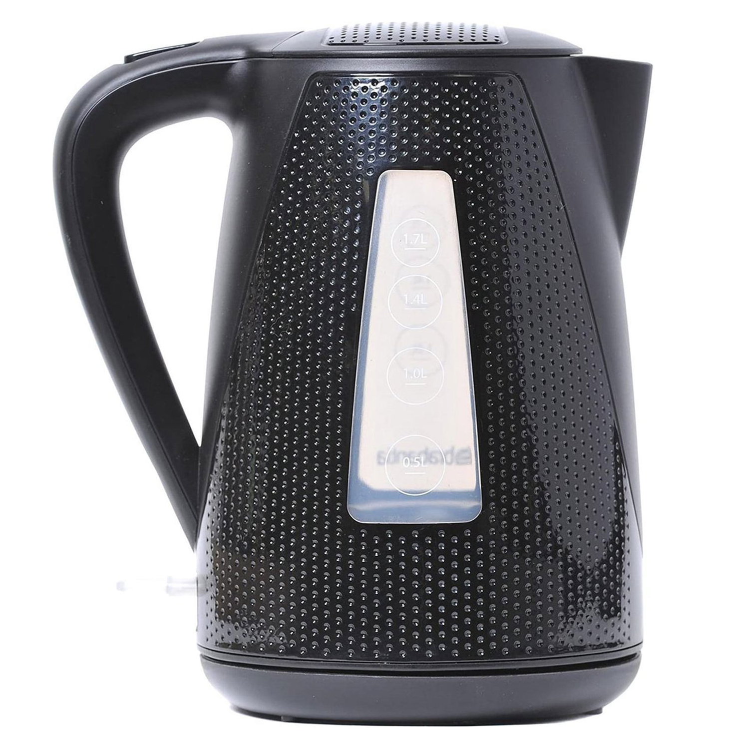 A black electric kettle with a water level indicator, and a handle. The surface is textured.