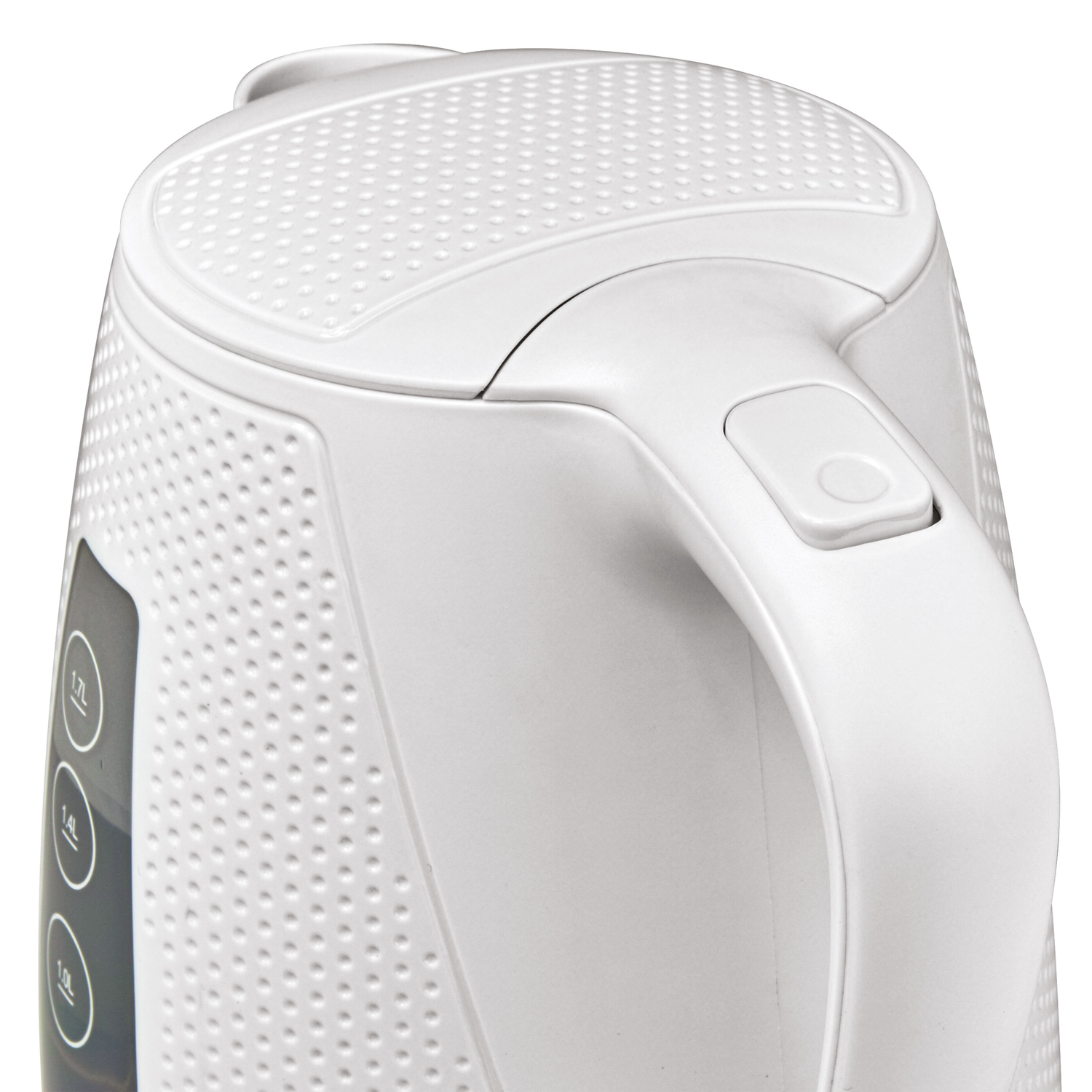 Close-up of a white electric kettle with a handle and a button on the top.