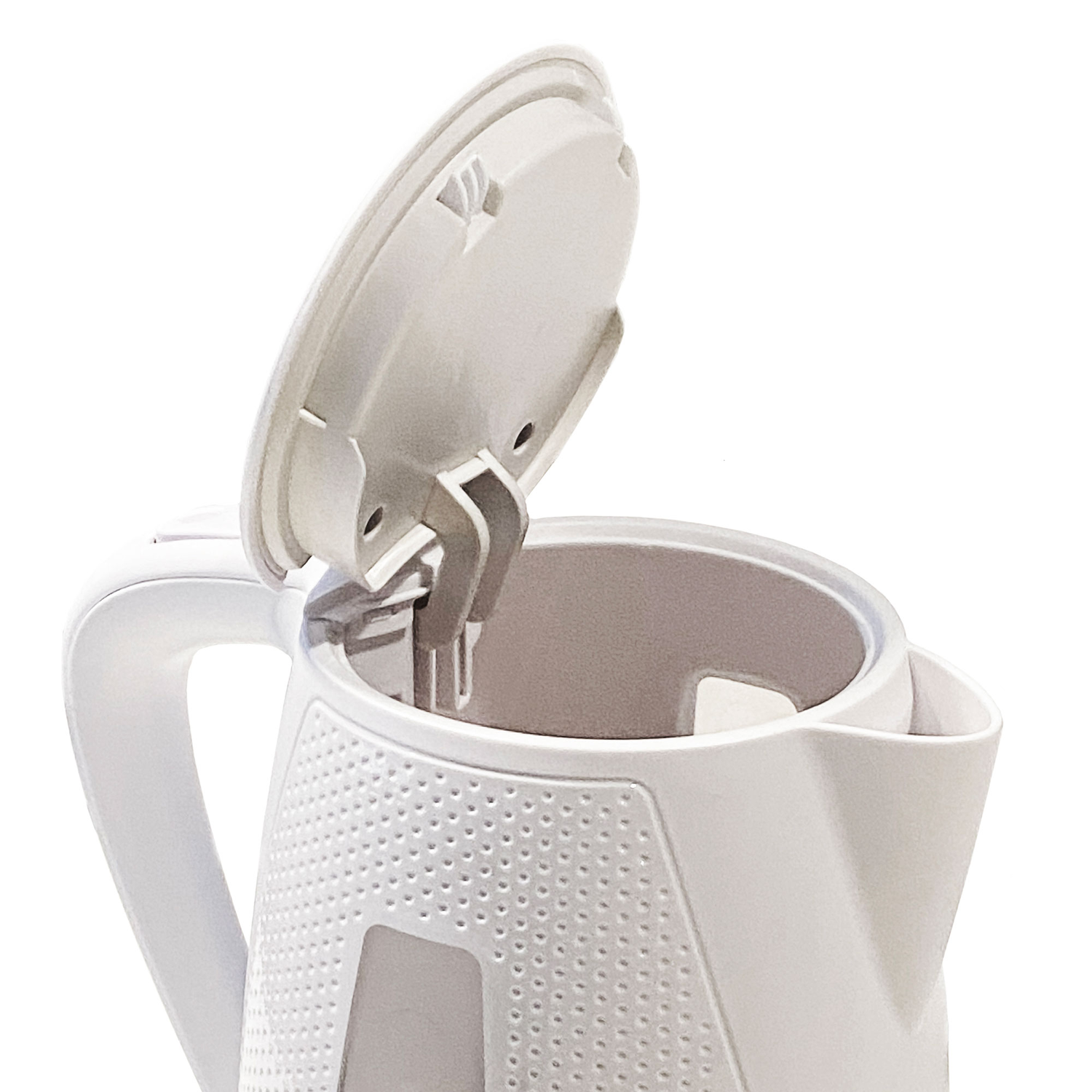 White electric kettle with the lid open, close-up view of the interior.