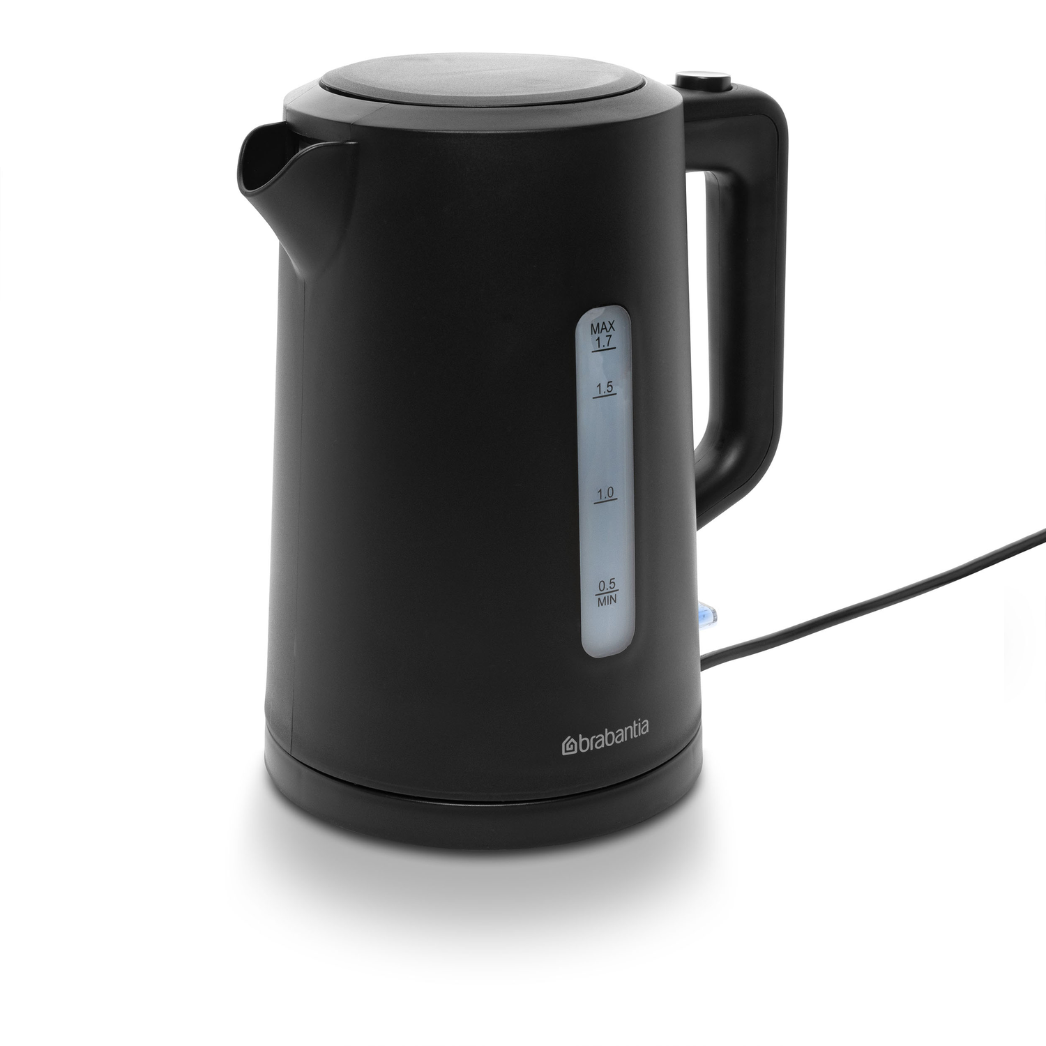 Black electric kettle with a water level indicator and the brand name.