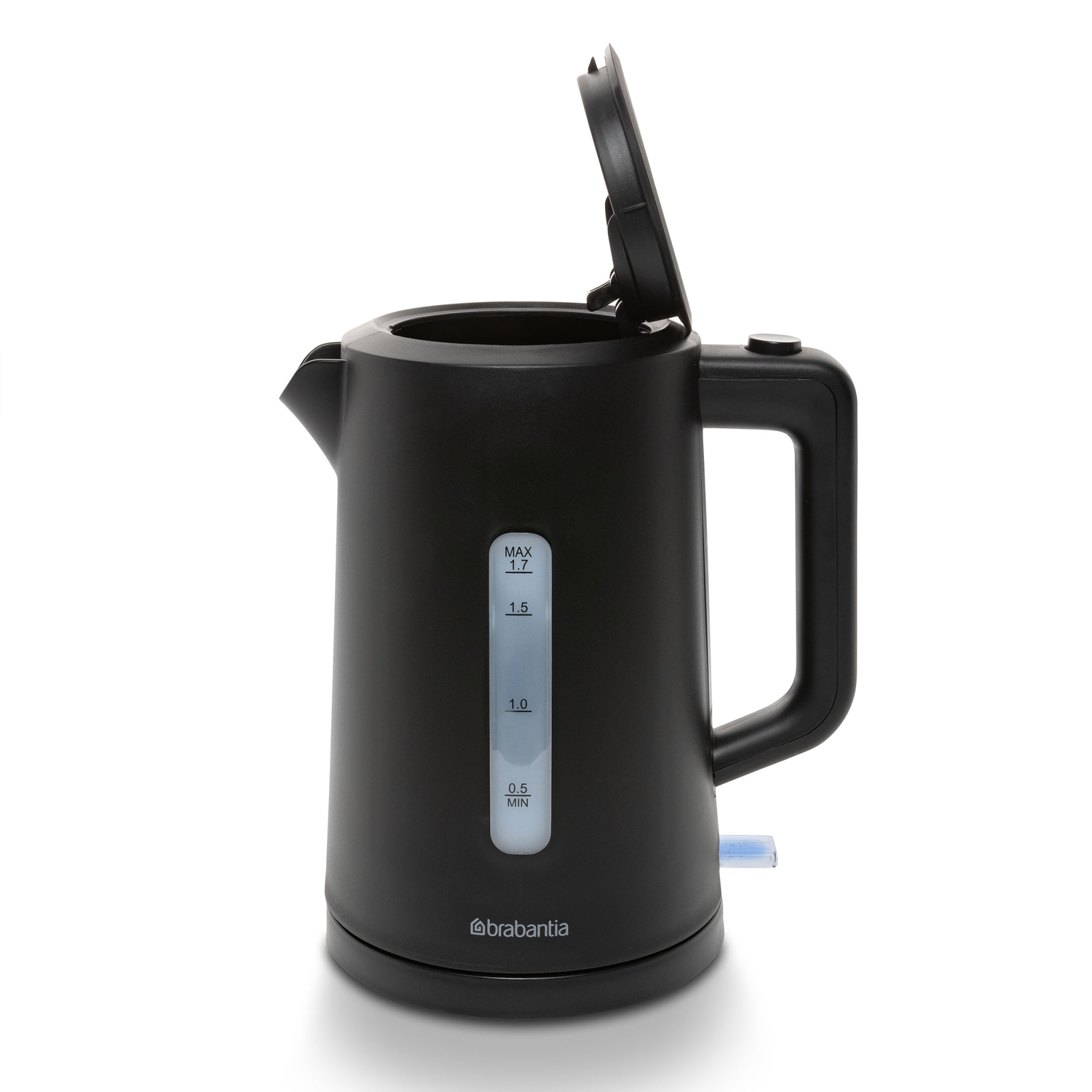 A black electric kettle with an open lid, water level indicator, and a handle, set against a white background.