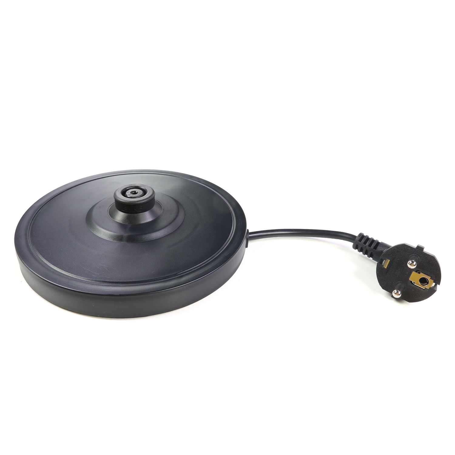 Black base with a black cable and a plug. The base is round and the plug is on the right side.