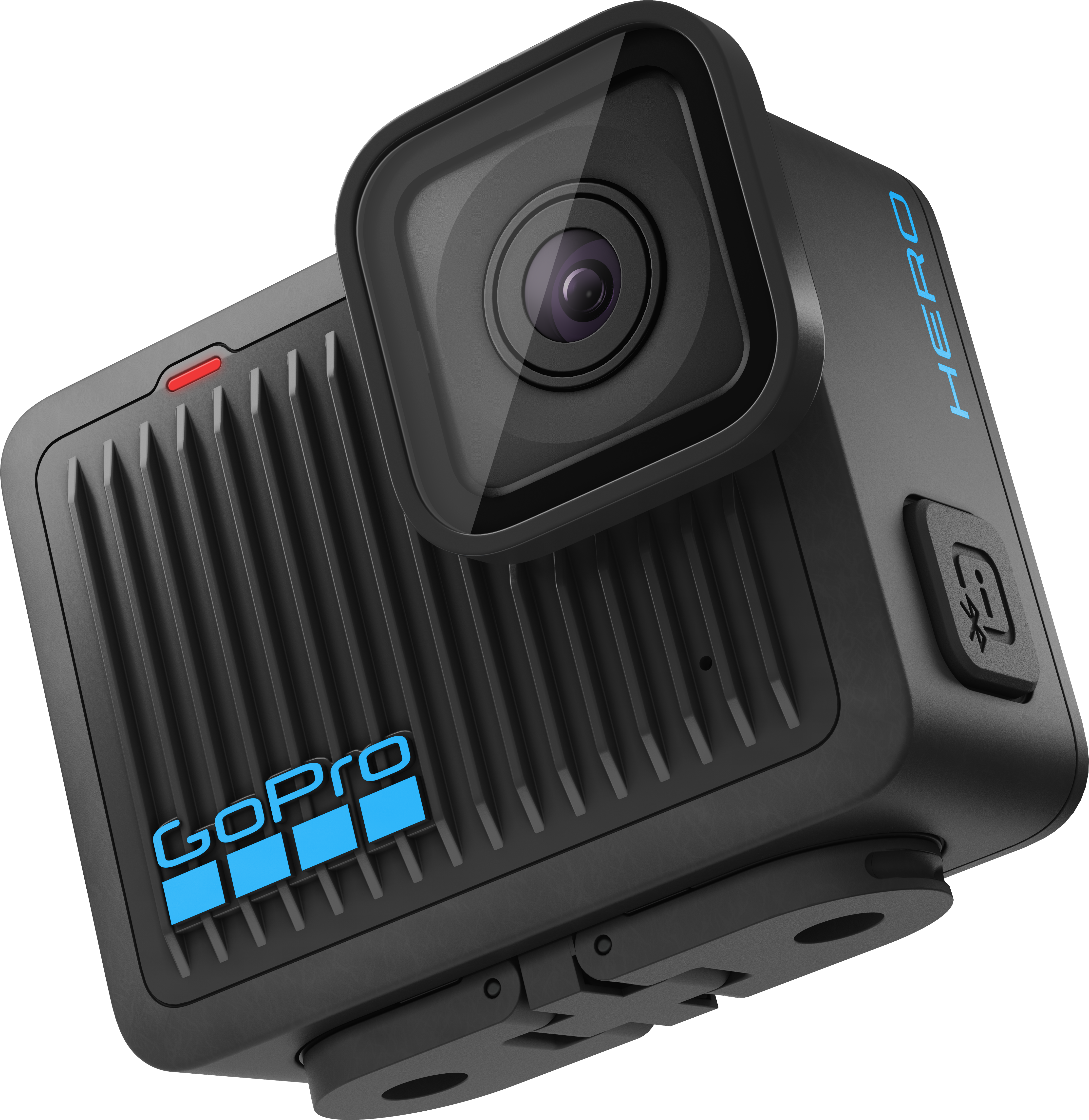 Egy fekete GoPro Hero kamera a GoPro logóval sötét háttér előtt.