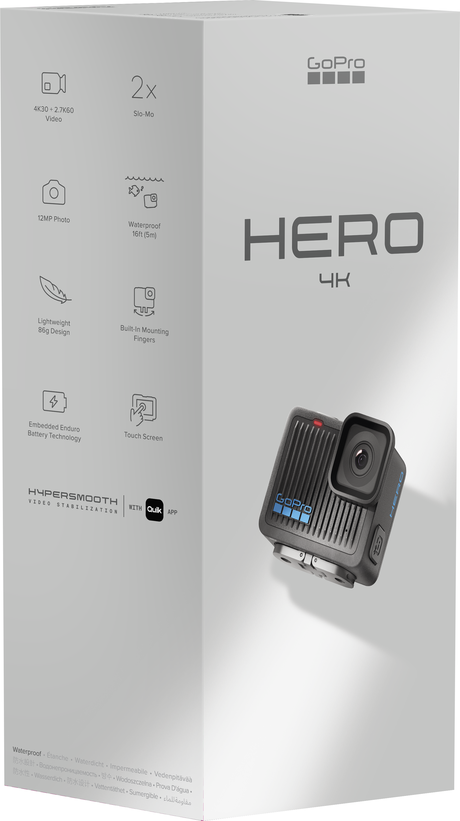 GoPro Hero 4K kamera doboz. A doboz a kamera képét és funkcióit mutatja.