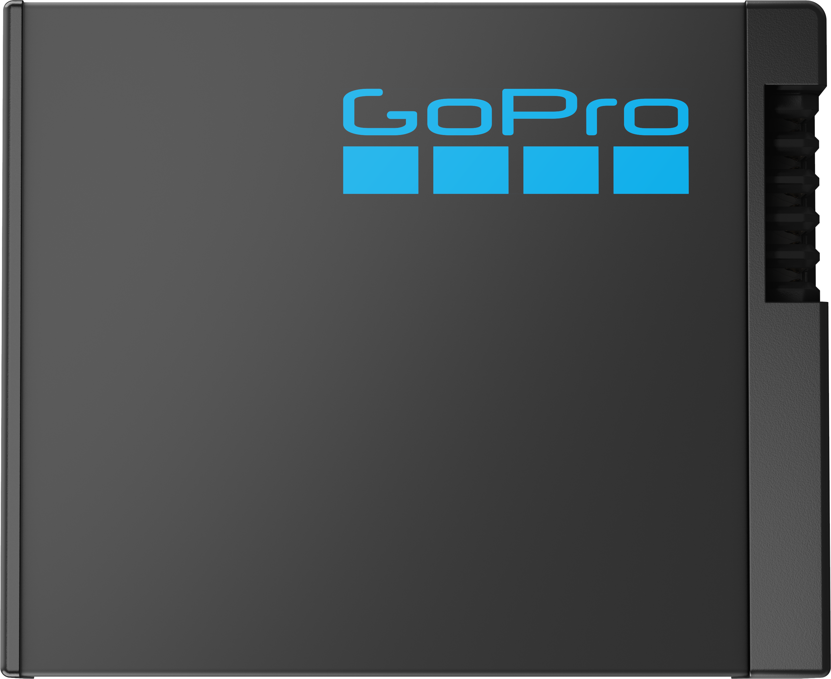 Fekete GoPro doboz, kék GoPro logóval, fehér háttérrel.