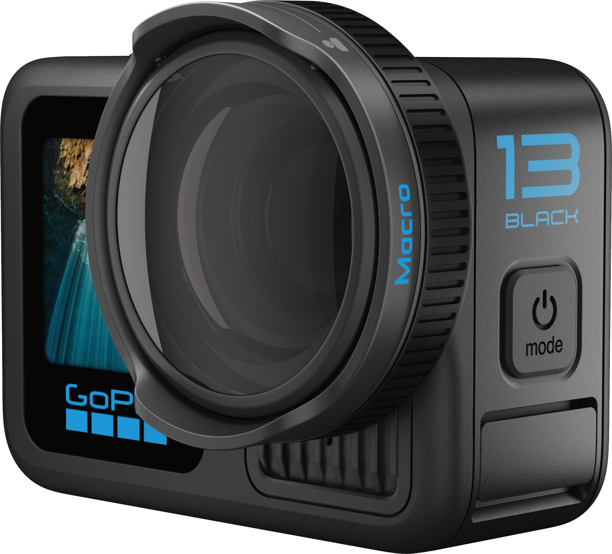 Fekete GoPro akciókamera makró objektívvel.
