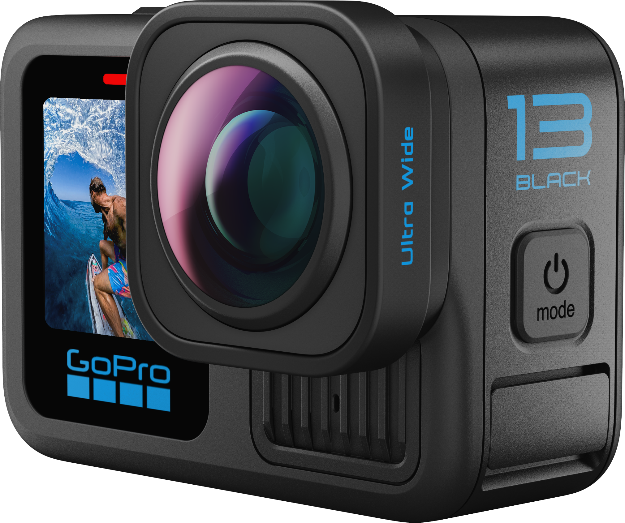 Fekete GoPro kamera szörfös képernyővel. 'Ultra Wide' felirat.