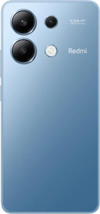 Niebieski tył smartfona z aparatami, lampą błyskową i logo Redmi.