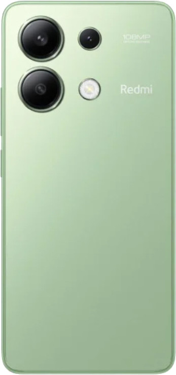 Zielony telefon Redmi, widok z tyłu, z aparatami i logo Redmi.