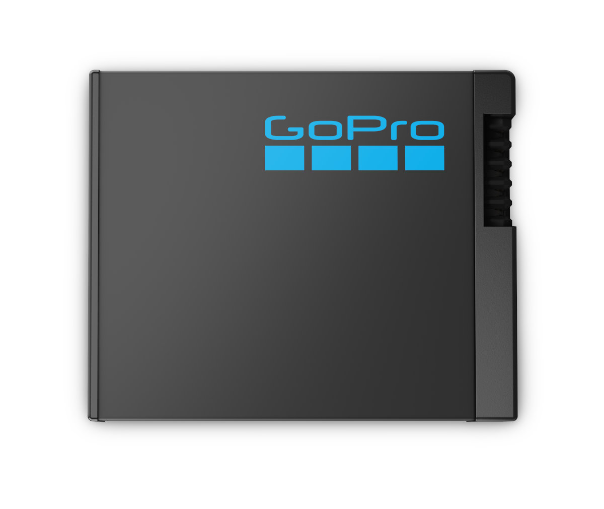 Czarna bateria GoPro z logo marki w kolorze niebieskim na białym tle.