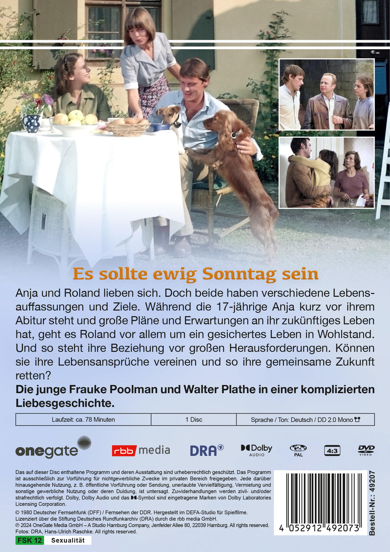 DVD-Hülle mit deutschem Text. Zeigt ein Paar und einen Hund. Der Titel lautet "Es sollte ewig Sonntag sein".