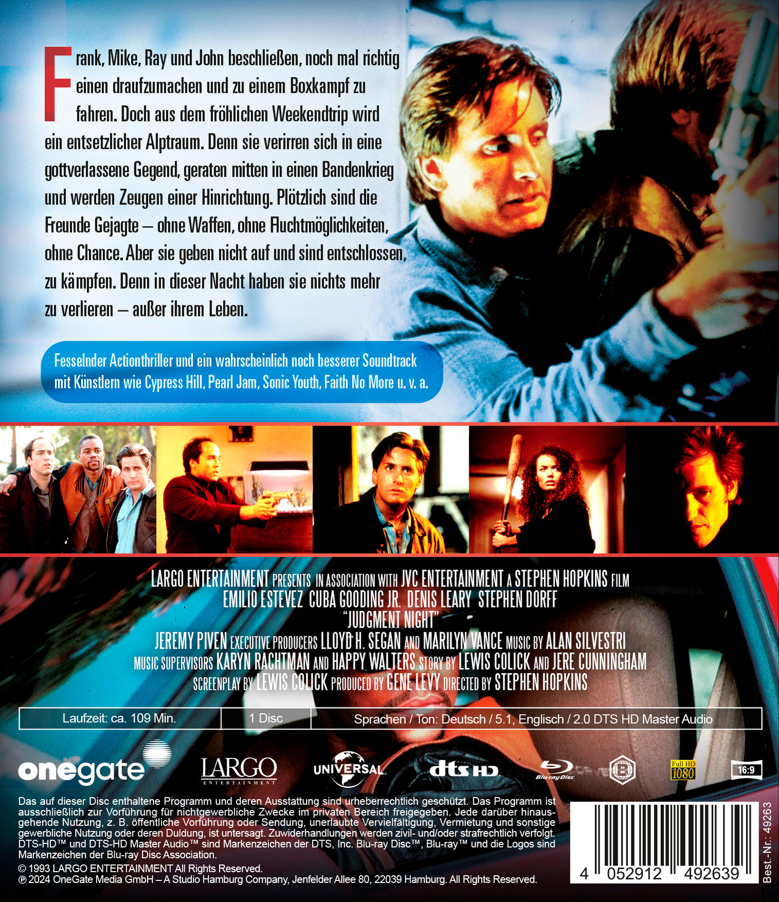 Filmcover mit Schauspielern und deutschem Text. Titel: 'Judgement Night' und Namen der Schauspieler.