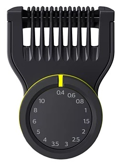 Nakładka do trymera do brody. Pokrętło pokazuje różne ustawienia długości. Czarno-żółty schemat kolorów.