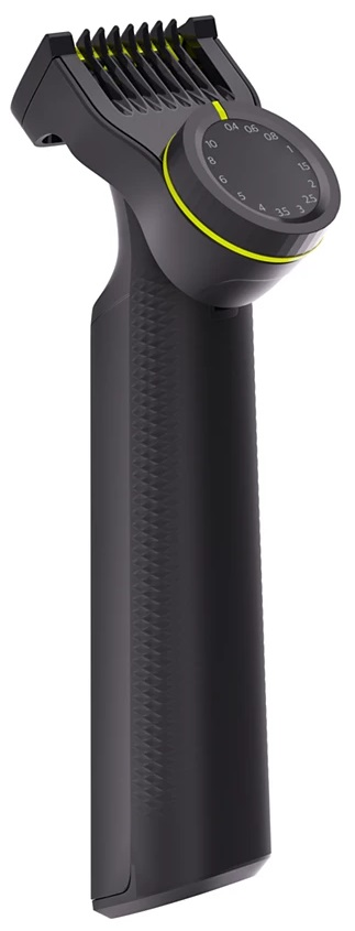 Czarny i żółty trymer do ciała. Regulowane pokrętło ustawień. Pochylona głowica z ostrzami do przycinania.