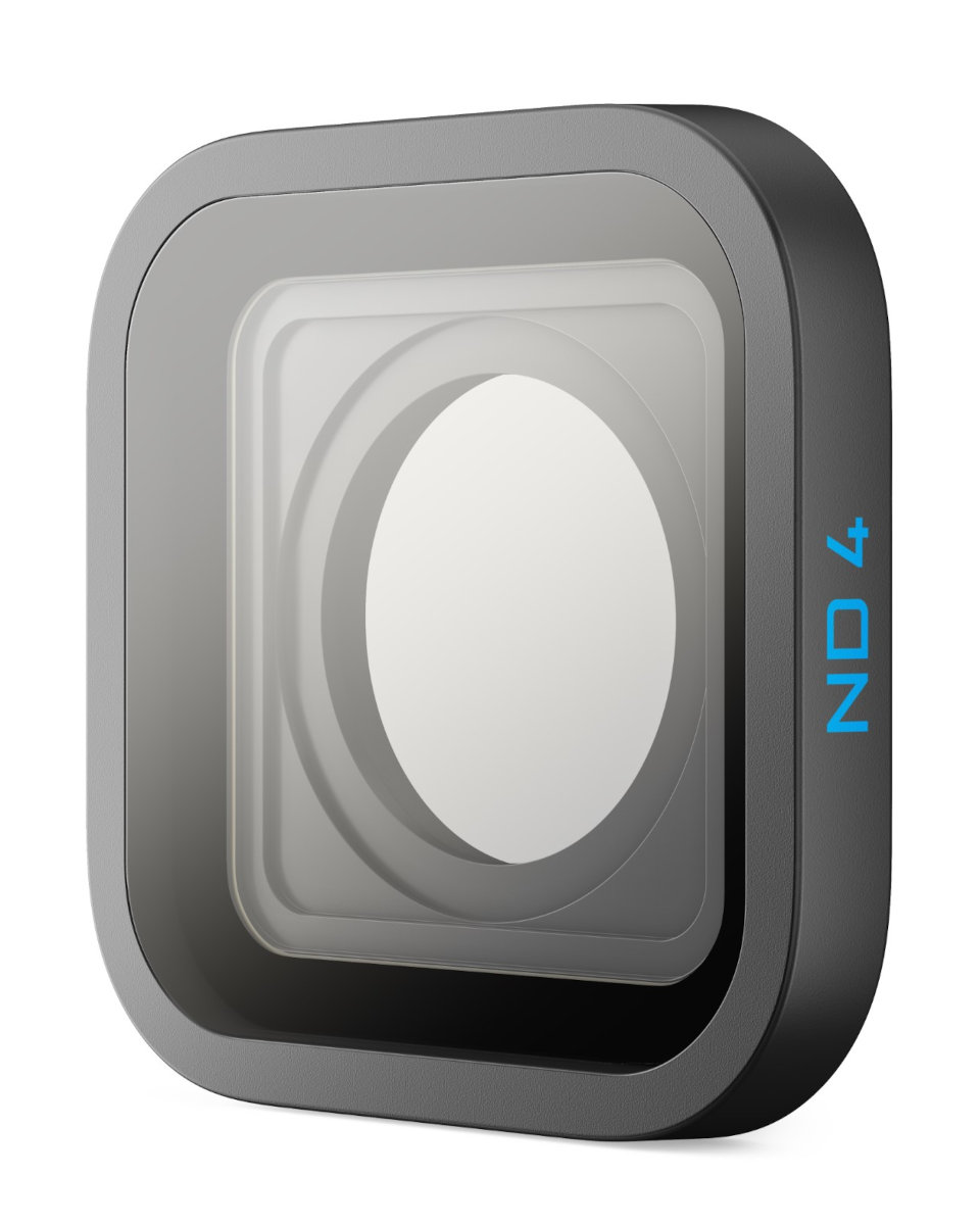 Czarny kwadratowy filtr do aparatu z niebieską etykietą ND4. Ramka ma elegancki, nowoczesny design.