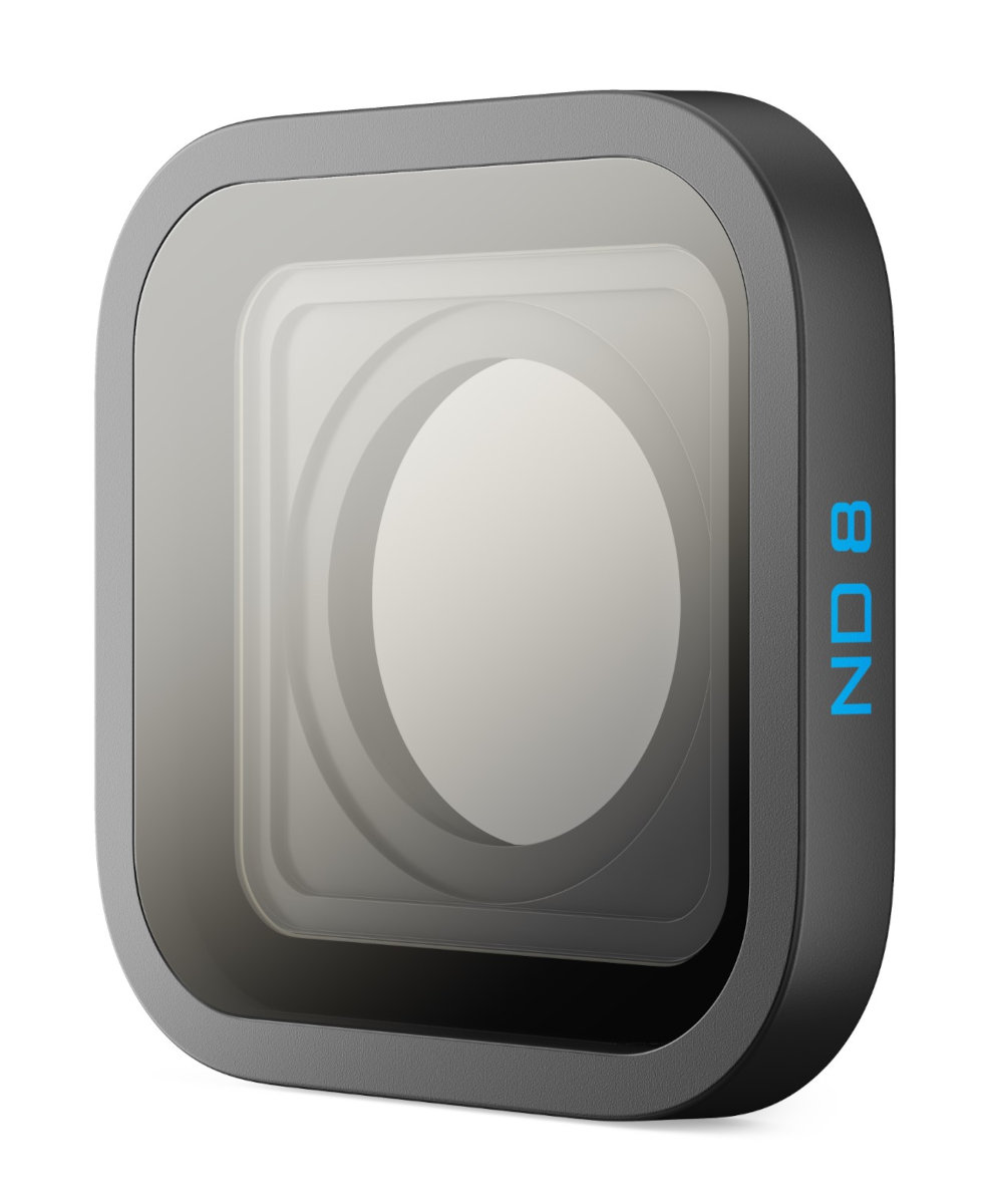 Kwadratowy czarny filtr obiektywu z ND 8 w kolorze niebieskim. Czarna ramka i przezroczyste szkło.