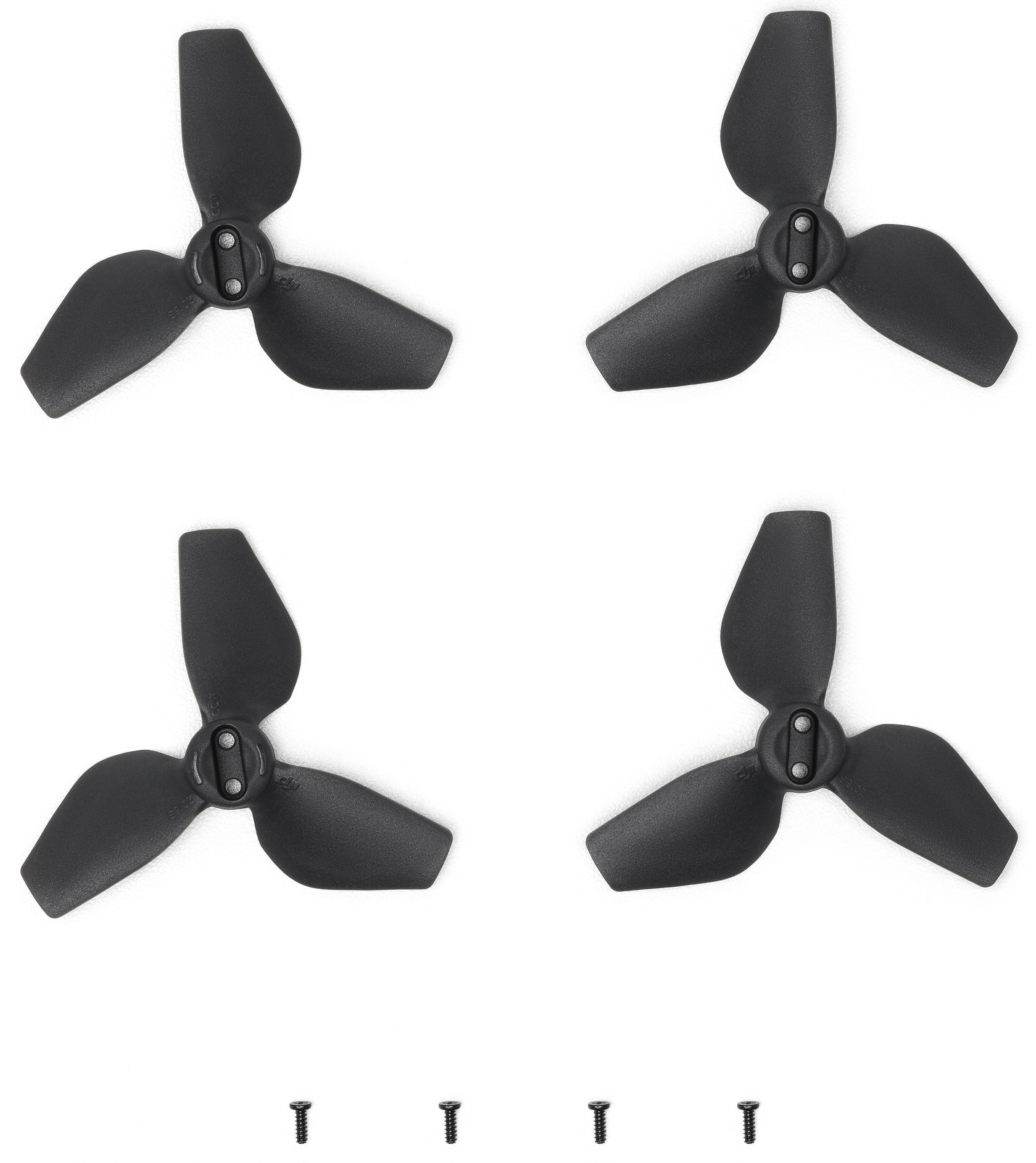 Cztery czarne śmigła drona i cztery śruby na białym tle.