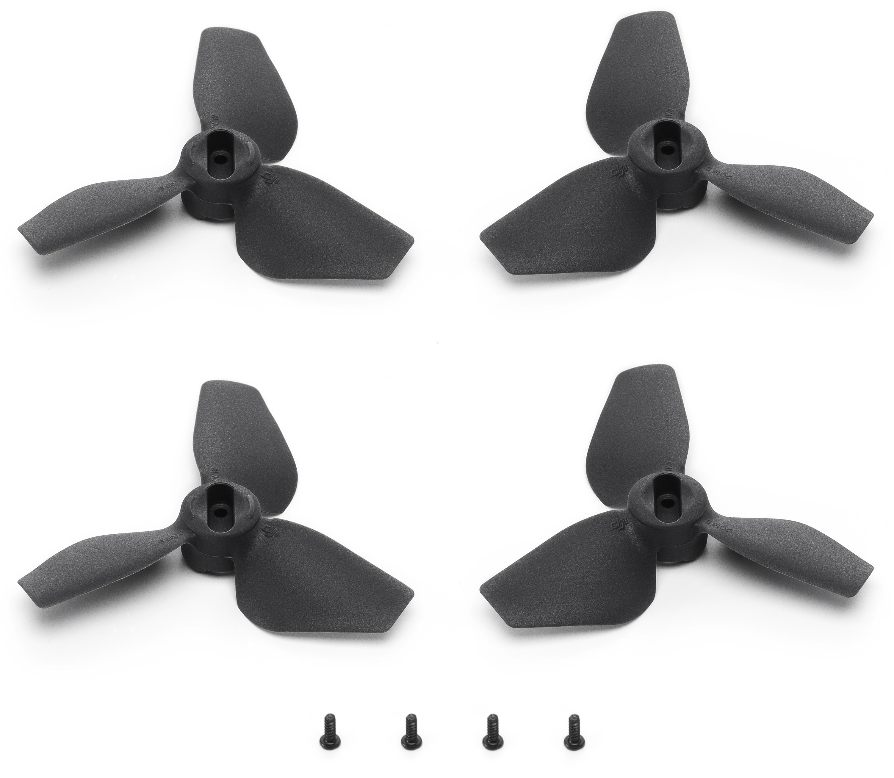 Cztery czarne śmigła drona i śruby na białym tle.