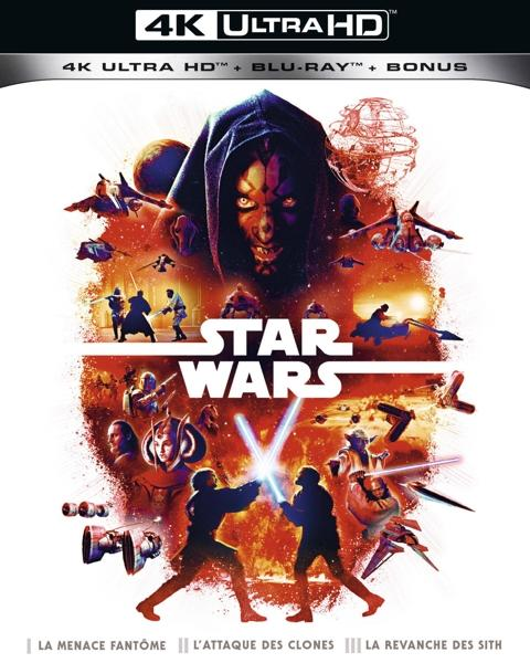 Couverture du film Star Wars. Le visage de Dark Maul est visible. Scènes avec des personnages se battant et des vaisseaux spatiaux.