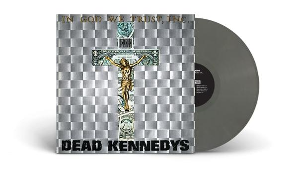 A Dead Kennedys "In God We Trust, Inc." albumjának borítója. Egy bakelit lemez van mellette.