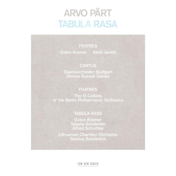 Album borító szöveggel: ARVO PÄRT TABULA RASA, zenészek nevei, és ECM NEW SERIES logó szürke háttéren.