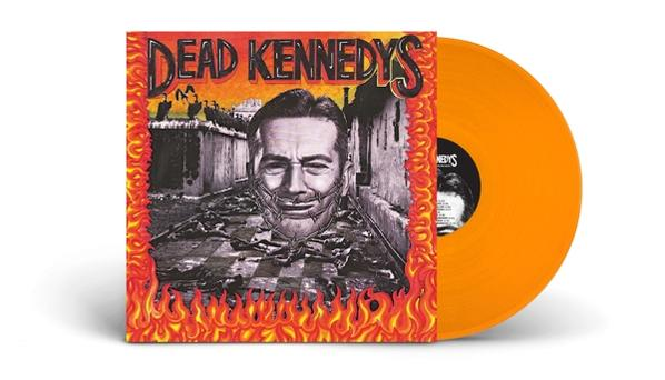 Dead Kennedys bakelit lemez narancssárga színben. A borítón egy láncba zárt arc látható.
