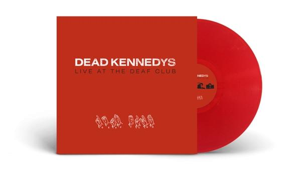 Egy piros bakelit lemez a tokjában, a 'Dead Kennedys' és a zenekar adatai.