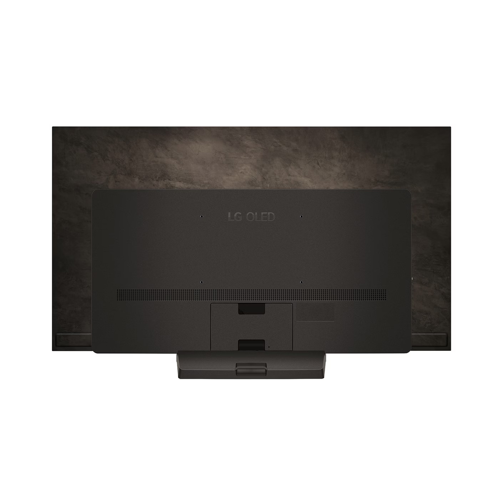 Siyah bir LG OLED TV'nin arkası, bir stand ile. Arka planda koyu, dokulu bir duvar.