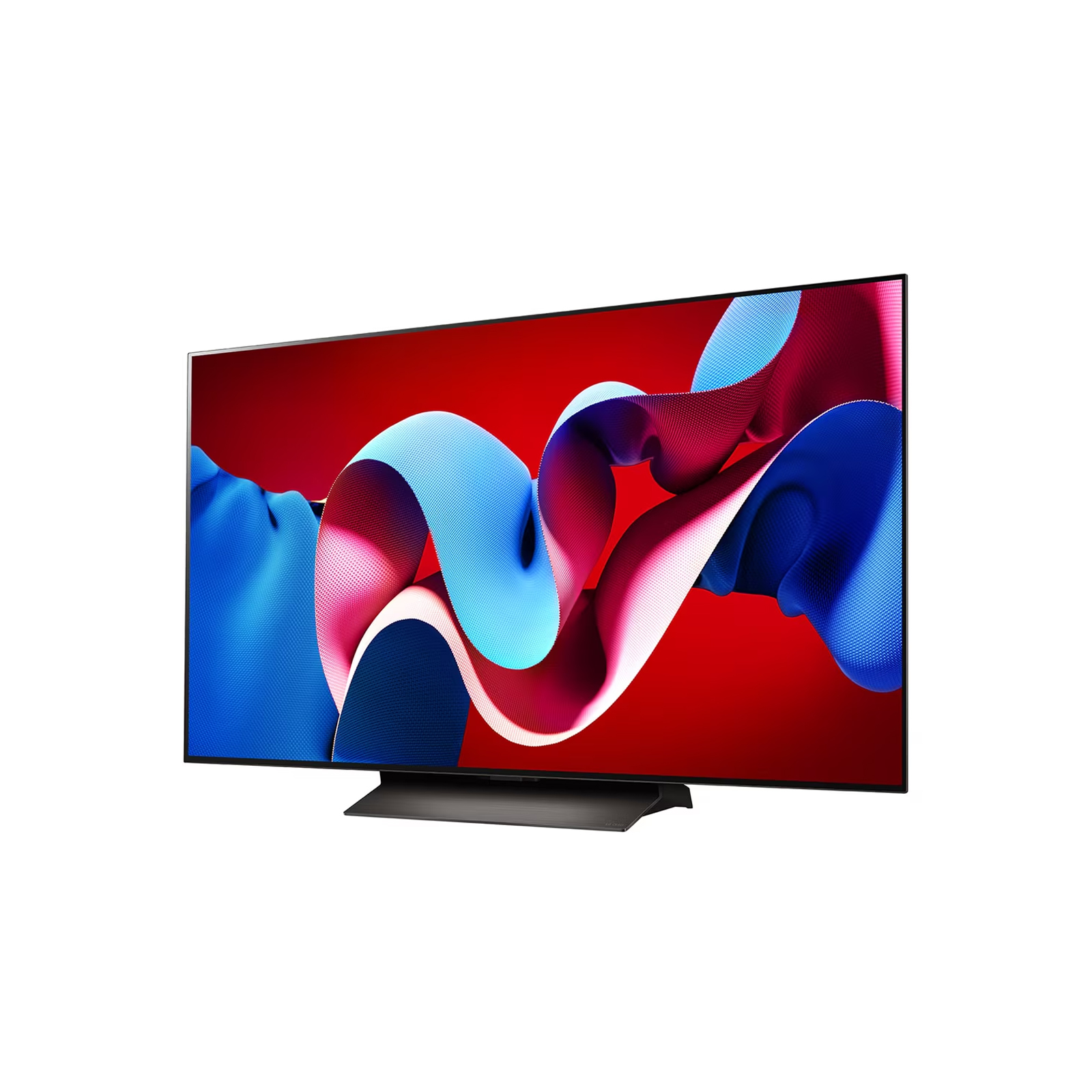 Kırmızı bir arka plan üzerinde soyut renkli şekiller gösteren büyük, modern bir TV, beyaz bir yüzeyde açılı.