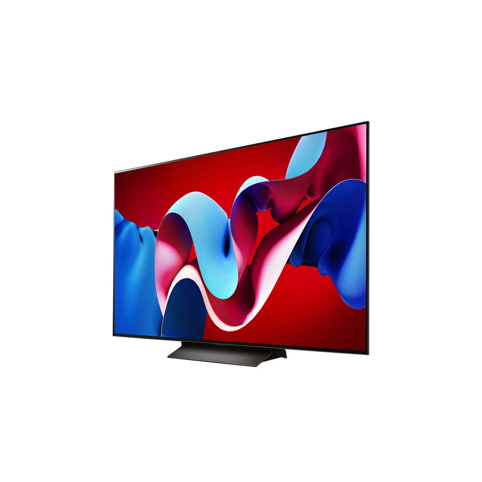 Kırmızı, mavi ve beyaz renklerde canlı soyut bir tasarıma sahip büyük bir TV ekranı.