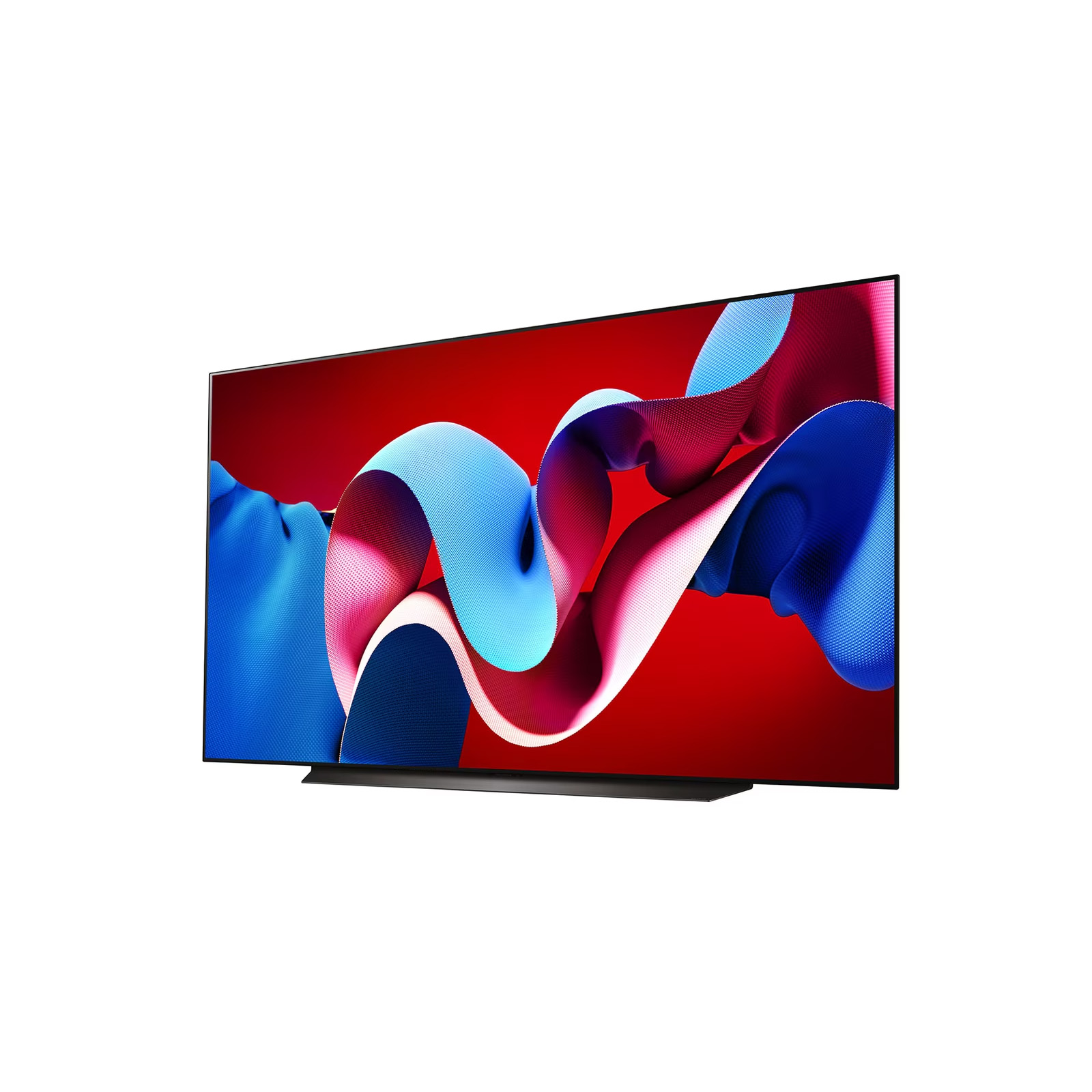 Kırmızı bir arka plan üzerinde soyut kırmızı, mavi ve pembe dalgalı şekiller sergileyen bir düz ekran TV.