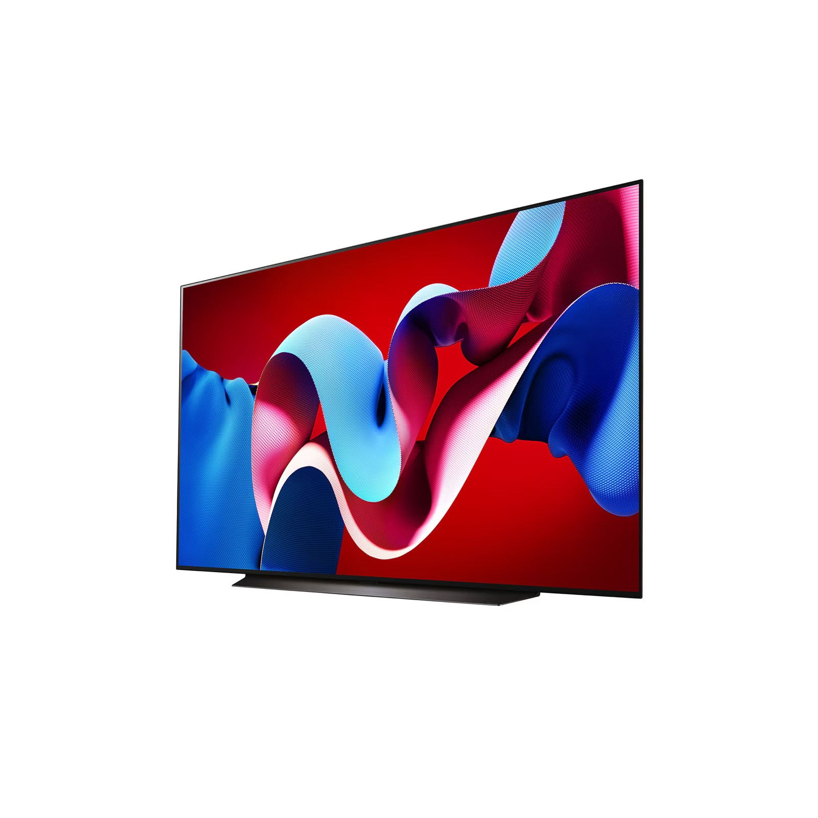 Kırmızı bir arka plan üzerinde renkli soyut sanat sergileyen şık bir TV.