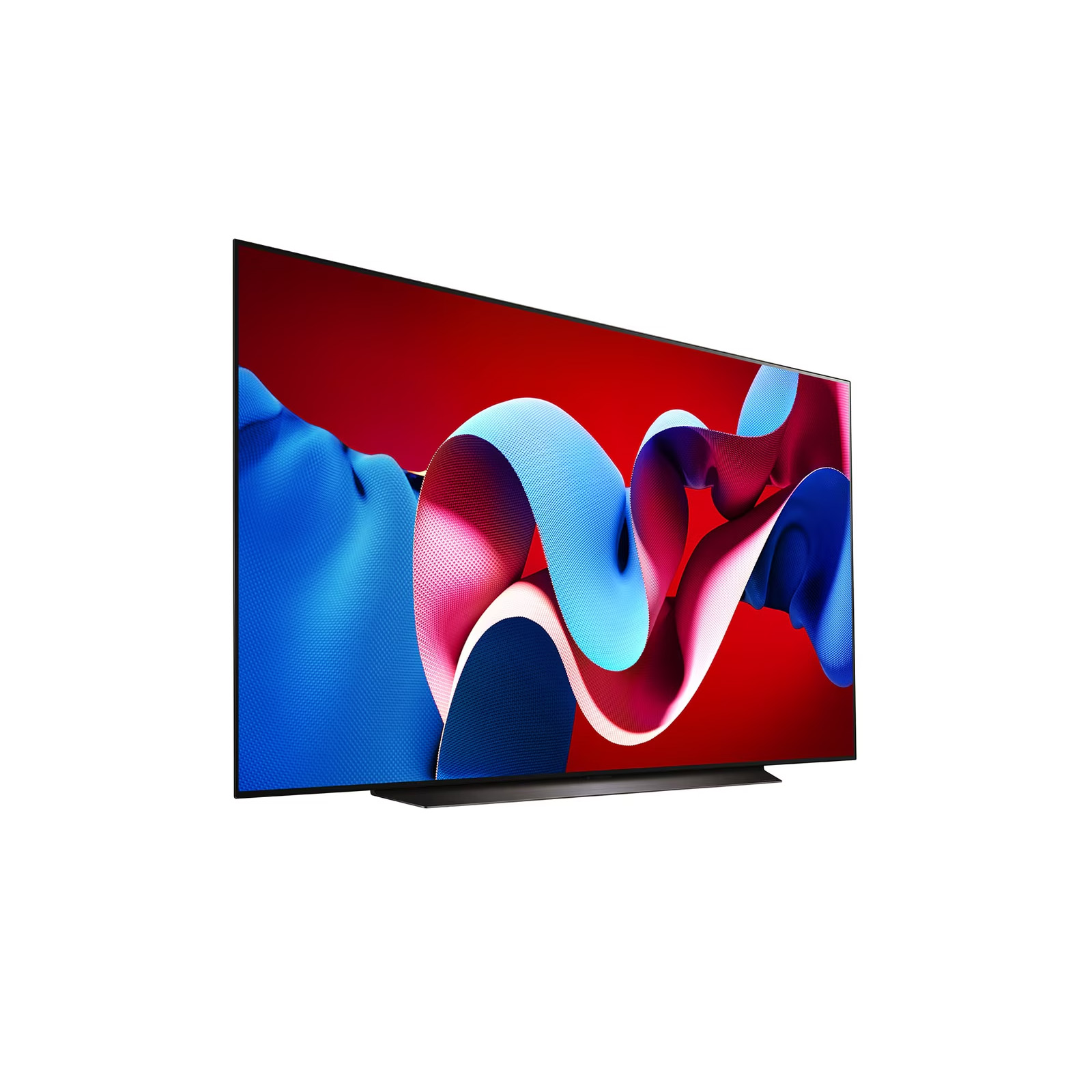 Modern bir TV, yan görünüm, ekranda renkli, soyut bir tasarım gösteriyor.