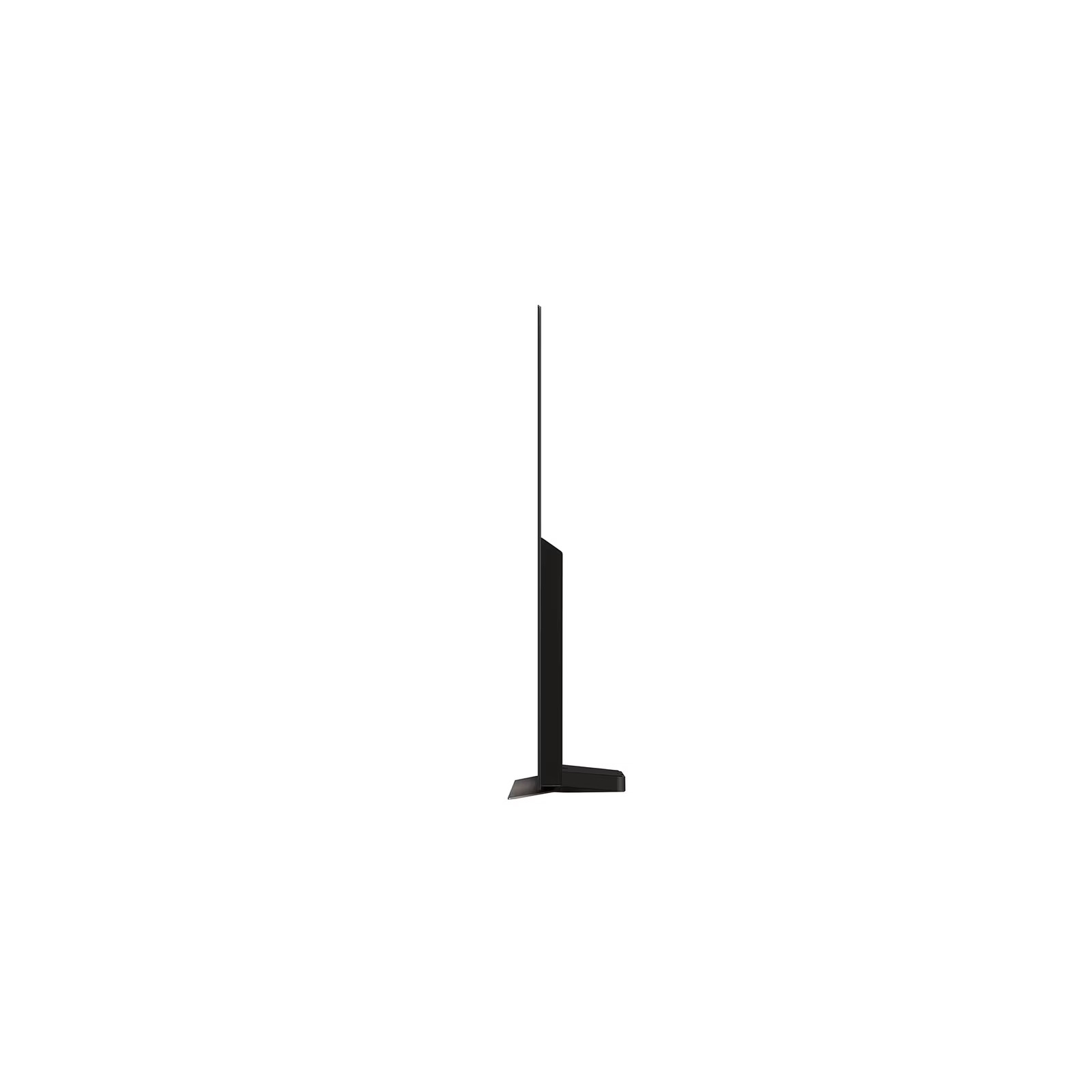 Bir stand  üzerinde çok ince siyah bir TV ekranı. Ekran beyaz bir arka plan üzerinde.