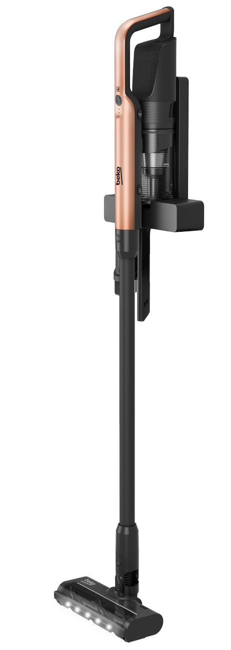 Różowo-złoty i czarny odkurzacz bezprzewodowy na białym tle, z uchwytem i światłami.
