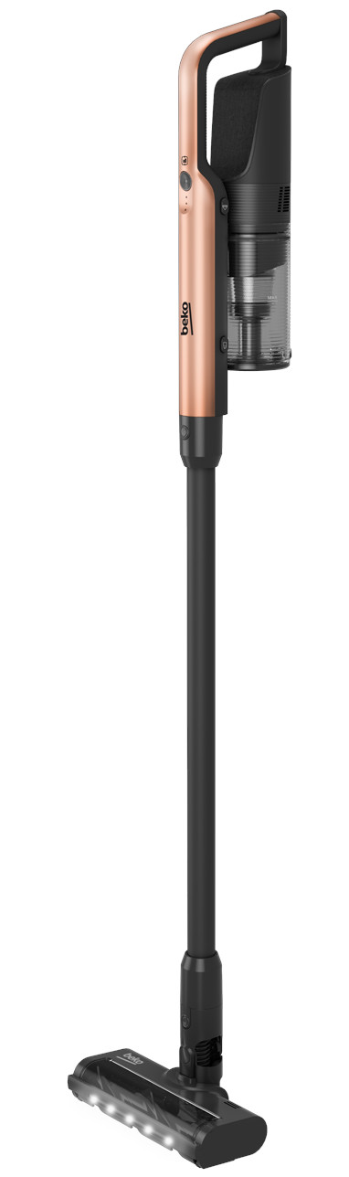 Bezprzewodowy odkurzacz, różowe złoto i czarny, stojący pionowo.