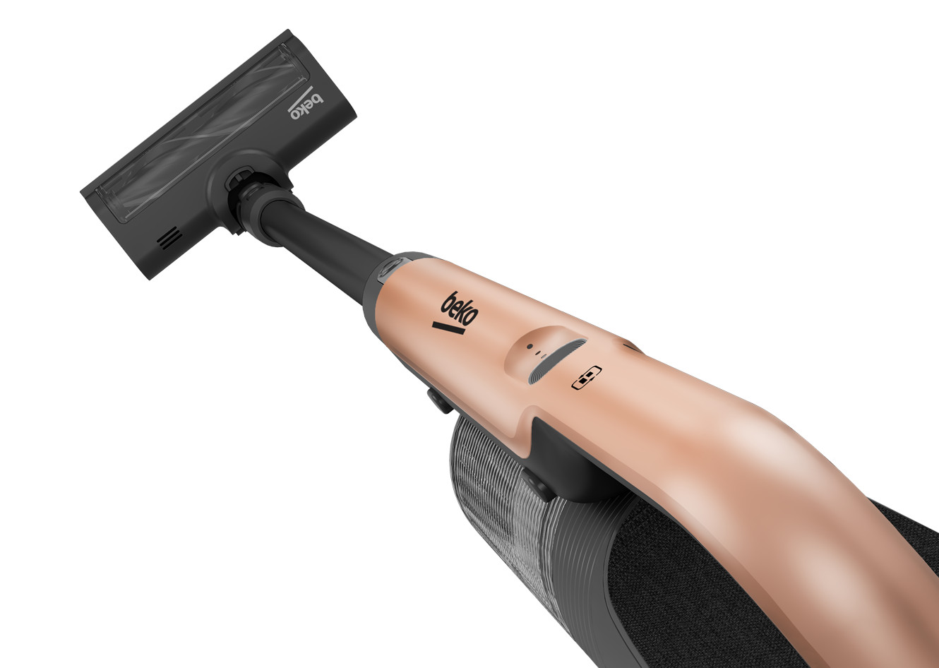 Odkurzacz pionowy Beko w kolorze różowego złota. Czarna głowica, korpus w kolorze różowego złota. Białe tło.