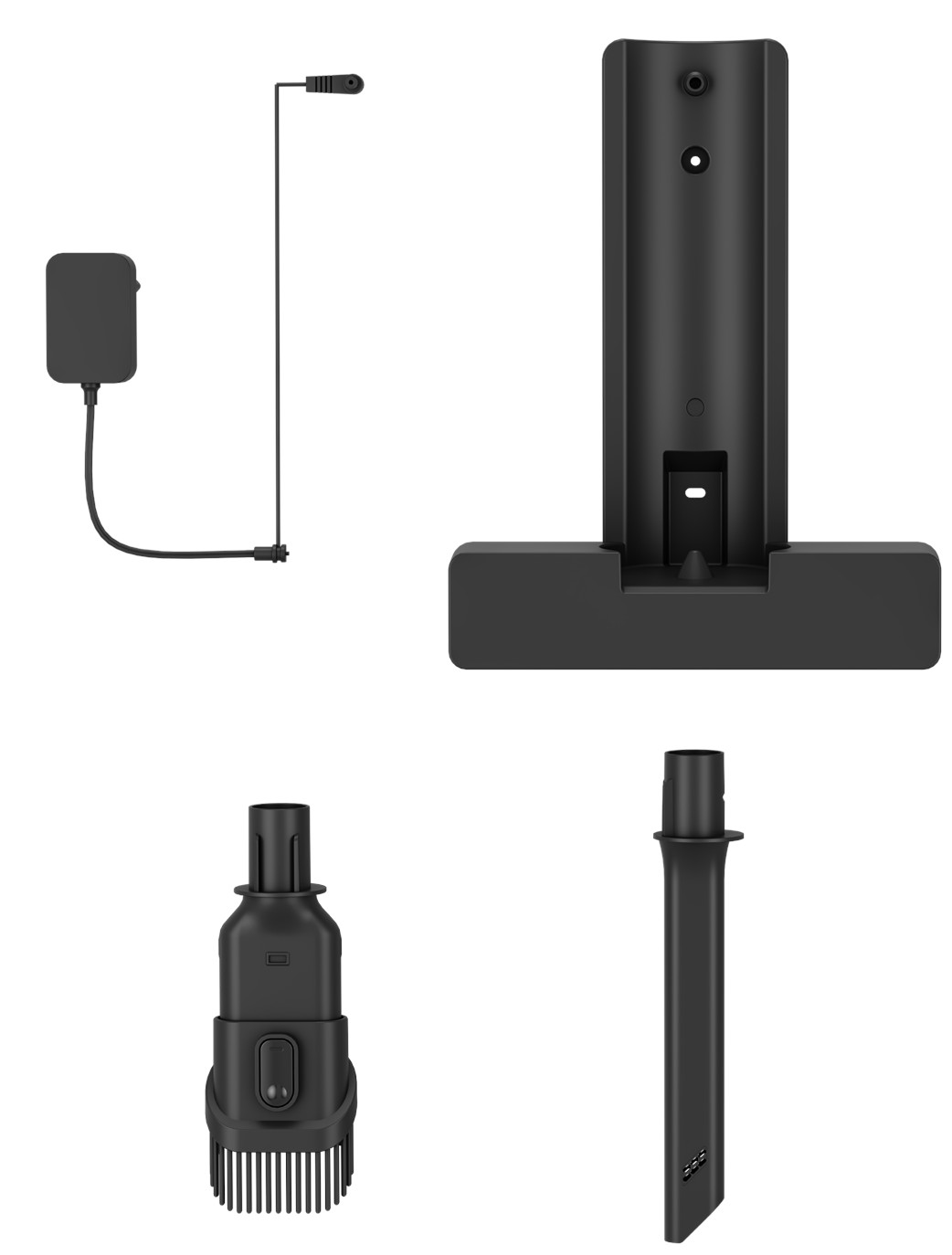 Cztery części czarnego odkurzacza: ładowarka, uchwyt, szczotka i dysza.