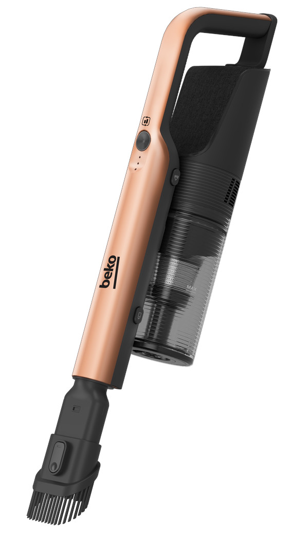 Miedziany odkurzacz ręczny Beko z czarnymi akcentami.